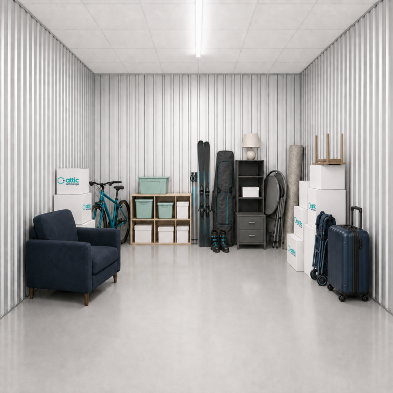 100 sq ft storage unit partially filled with boxes, equipment and household items