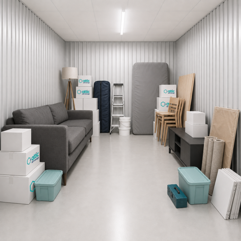 150 sq ft unit partially filled with furniture and boxes