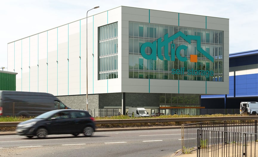 A modern self-storage facility featuring a curved glass facade and a green roof with landscaping.