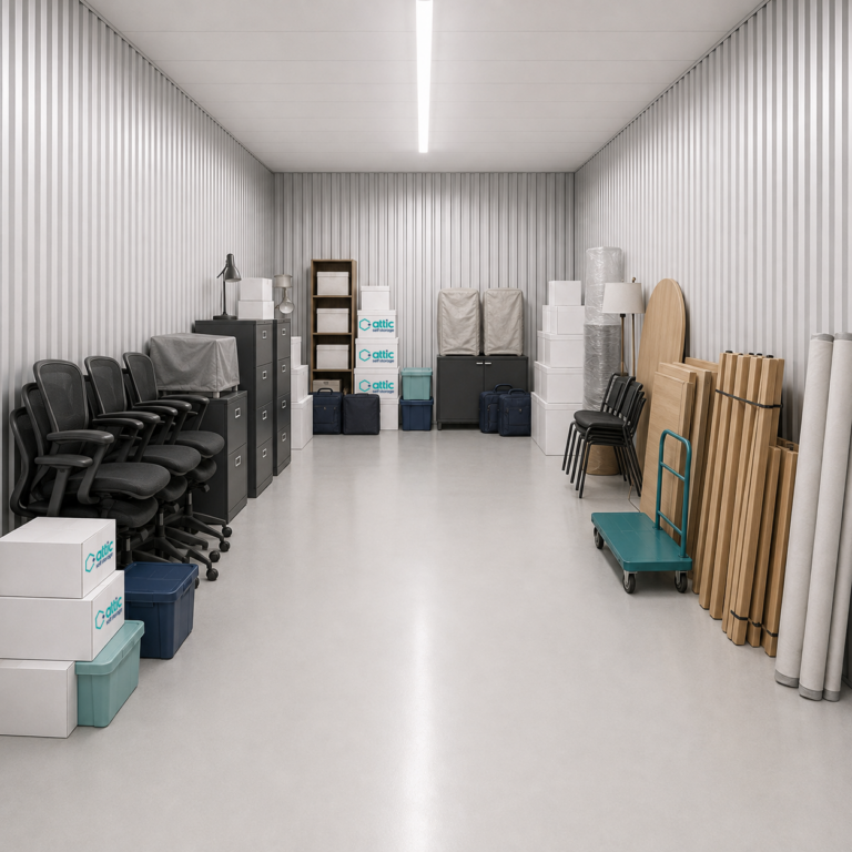 A 200 sq ft storage unit filled with office chairs, documents, furniture and boxes