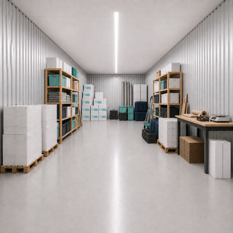 Inside a 250 sq ft unit partially filled with business inventory