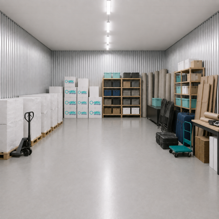 Inside a 350 sq ft unit, partially filled with boxes, furniture and pallets