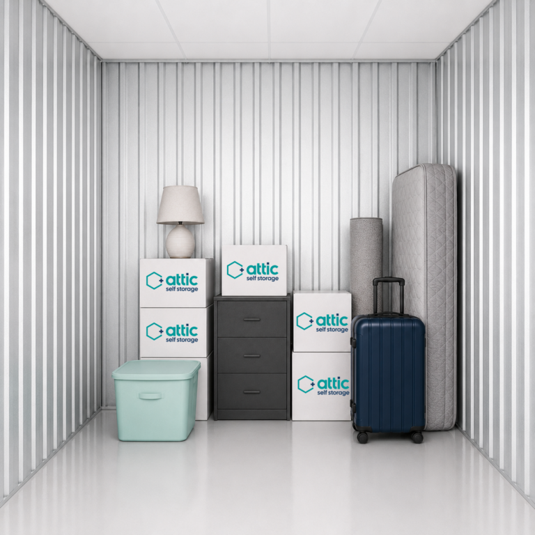 50 sq ft unit filled with boxes, suitcase and other household items