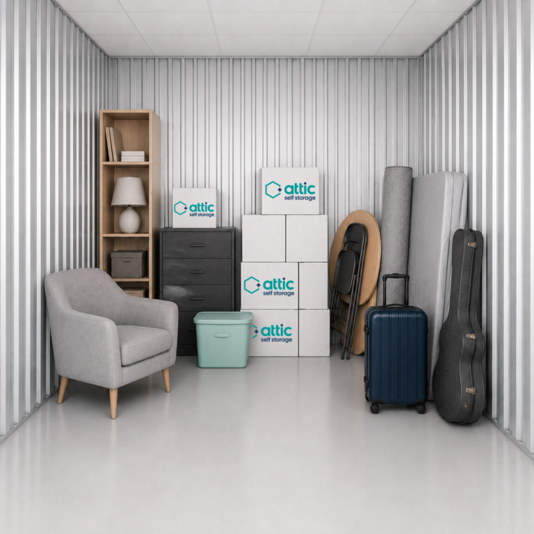 65 sq ft unit filled with boxes, furniture and suitcases