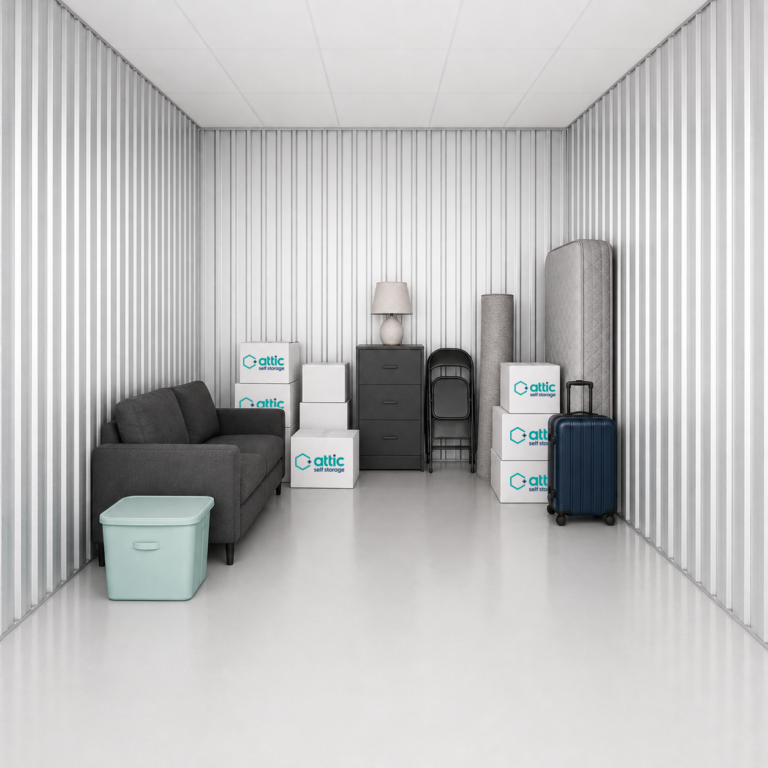 75 sq ft storage unit , partially full. Containing boxes, household items, furniture and more