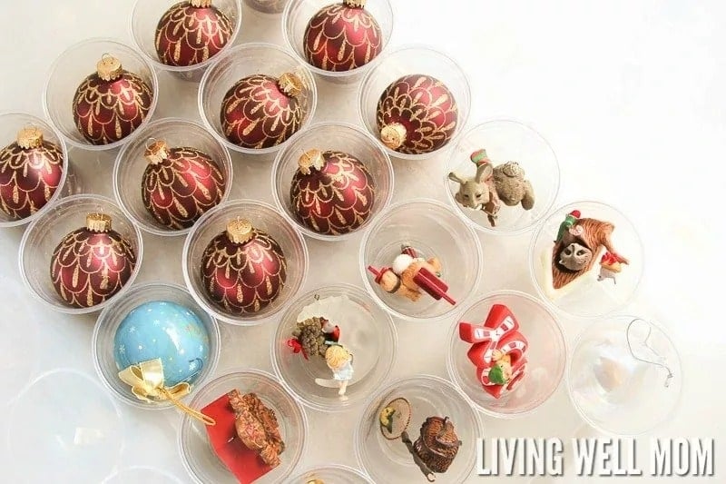 Christmas baubles stored in plastic cups