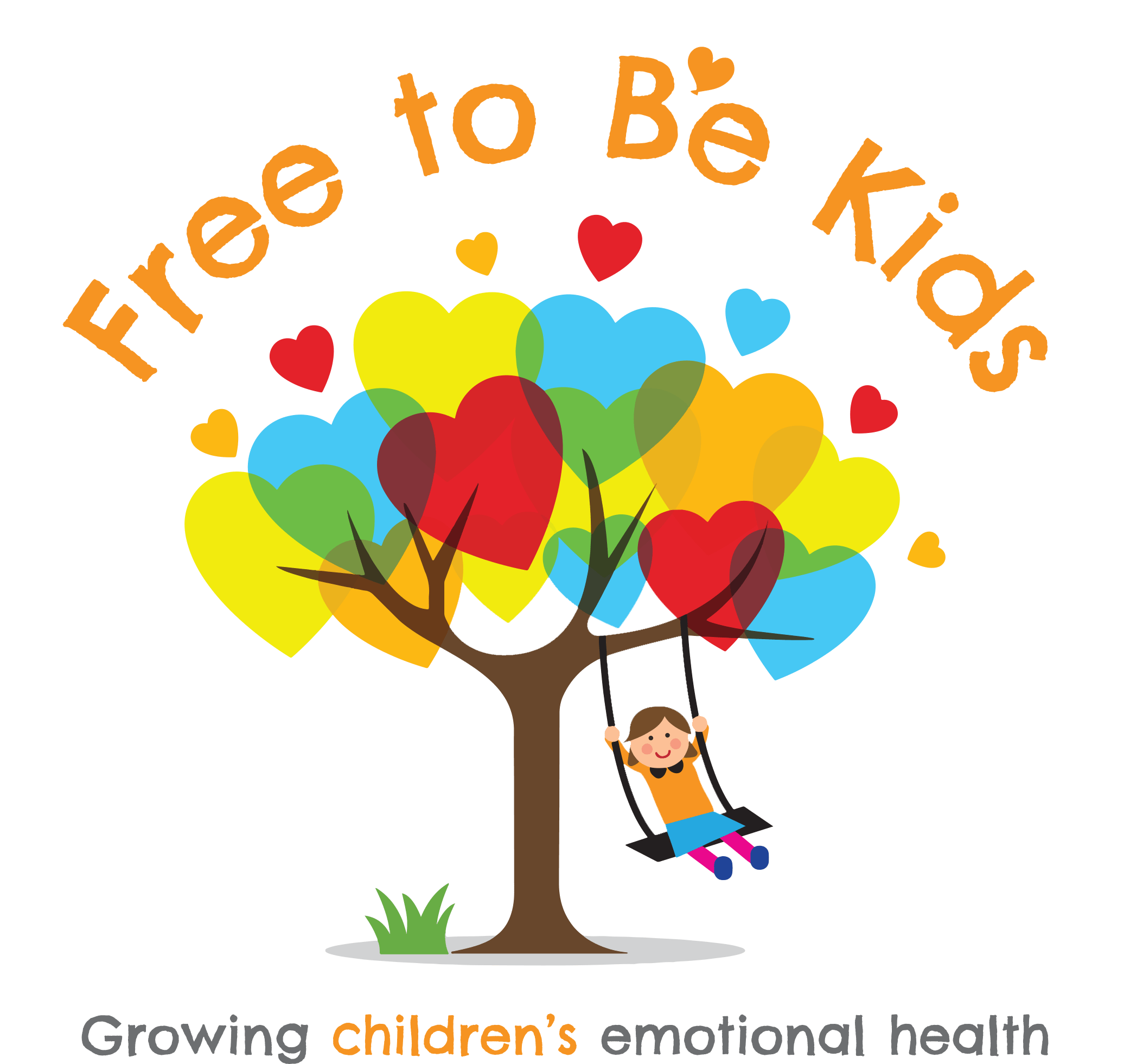 A child swings on a swing set under a tree with red heart shapes on its branches. Text above the image is "Free to Be Kids".