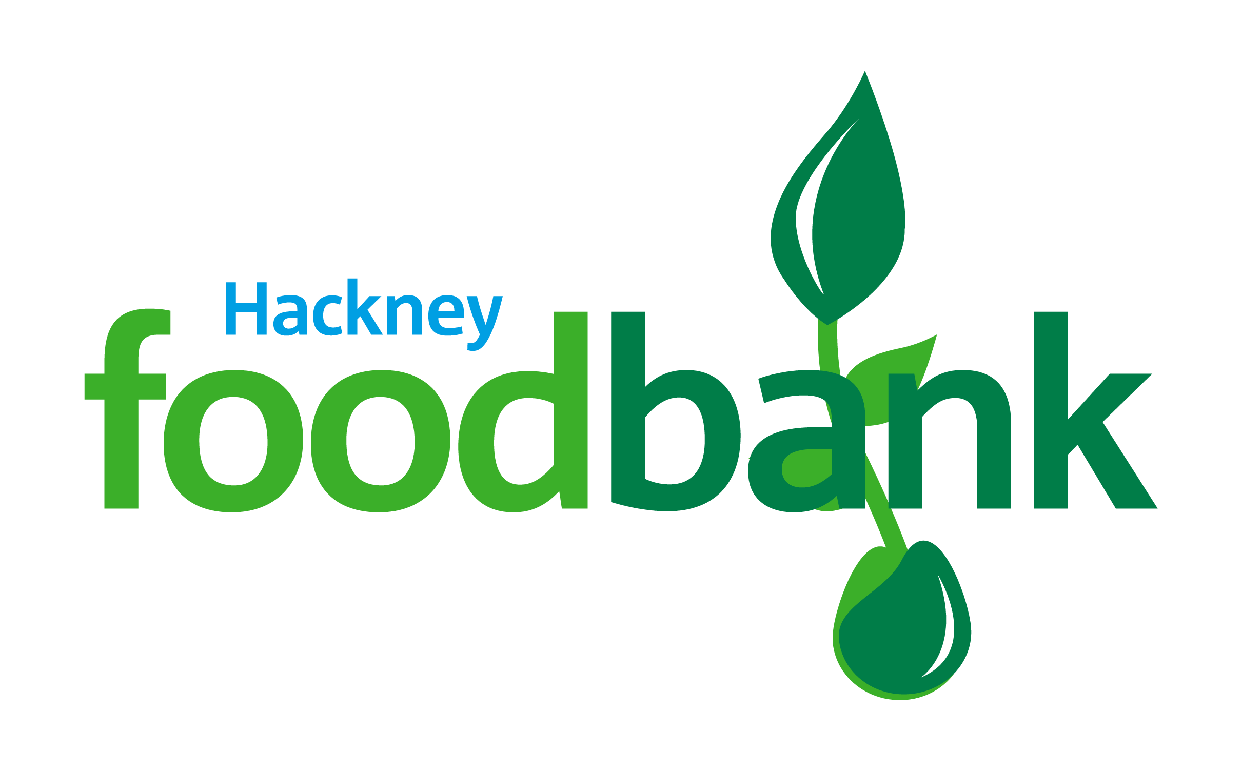Gray background with green and blue food bank logo featuring a leaf and water drop.