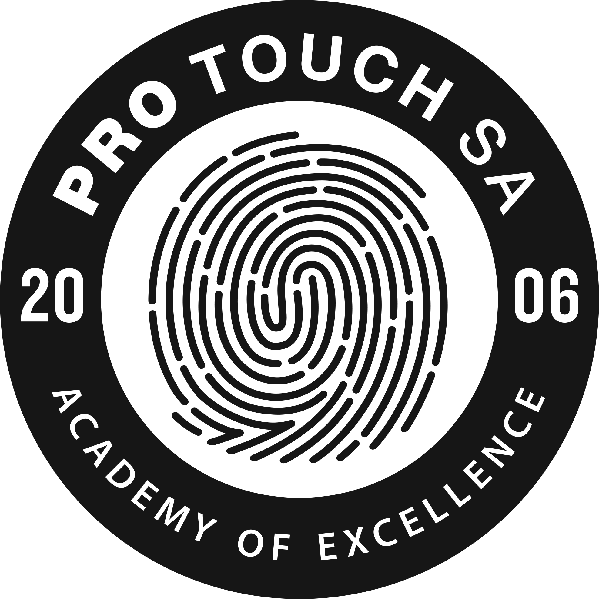 A logo of Protouch SA Academy of Excellence with a blue circle around a white fingerprint.