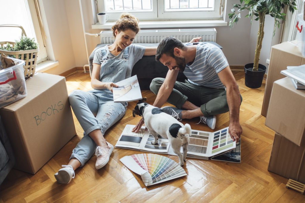 couple and dog look at paint swatches