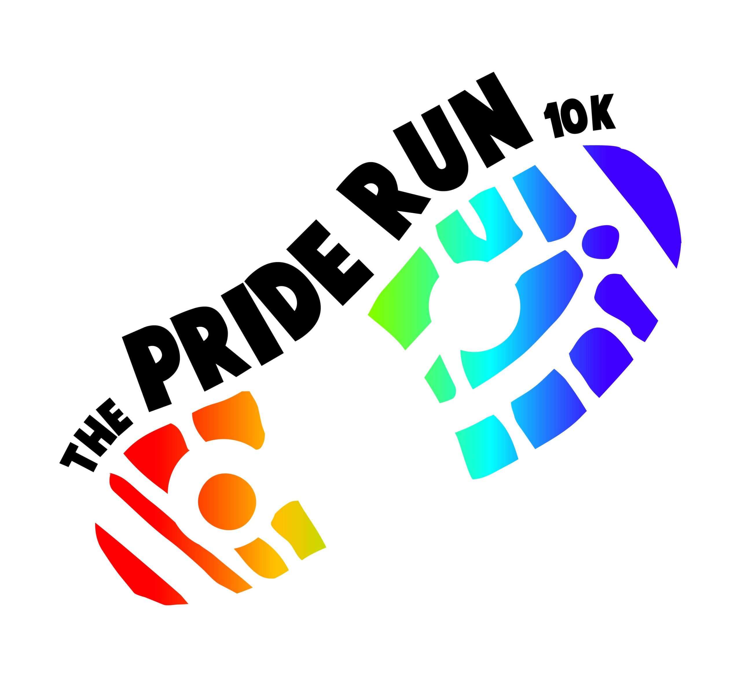 A rainbow coloured footprint in the shape of a heart with the text "The Pride Run 10K" written below it.